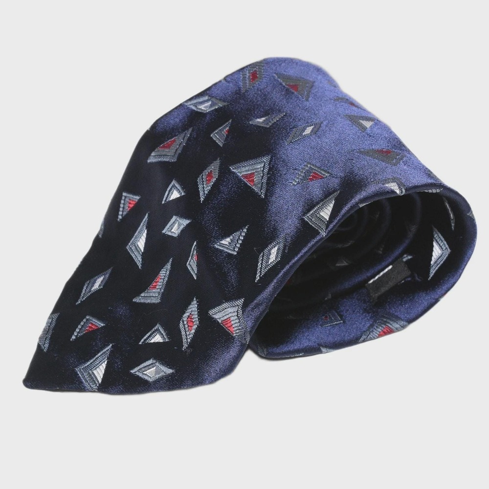 90s Vintage Jacquard Geometric Satin Necktie Navy Blue Triangles Red White Mod